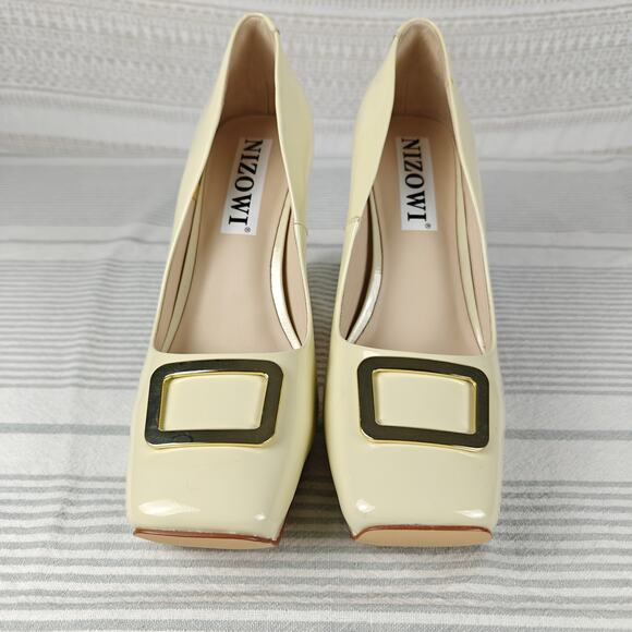 Nizowi Cream Patent Leather Platform Pumps Gold Detail Size 9.5 NEW - Picture 3 of 10